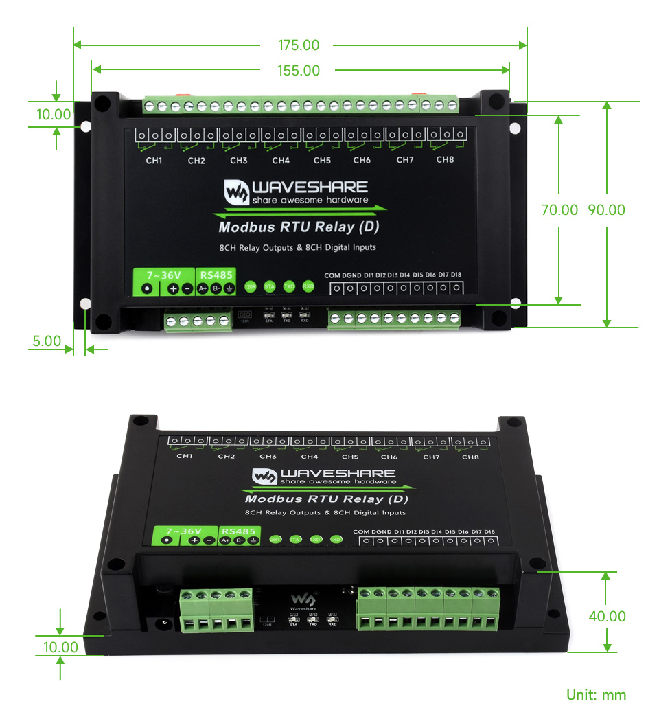 Waveshare Industrial Modbus RTU 8-ch Relay Module (D) With Digital Input and RS485 Interface, 7~36V Power Supply