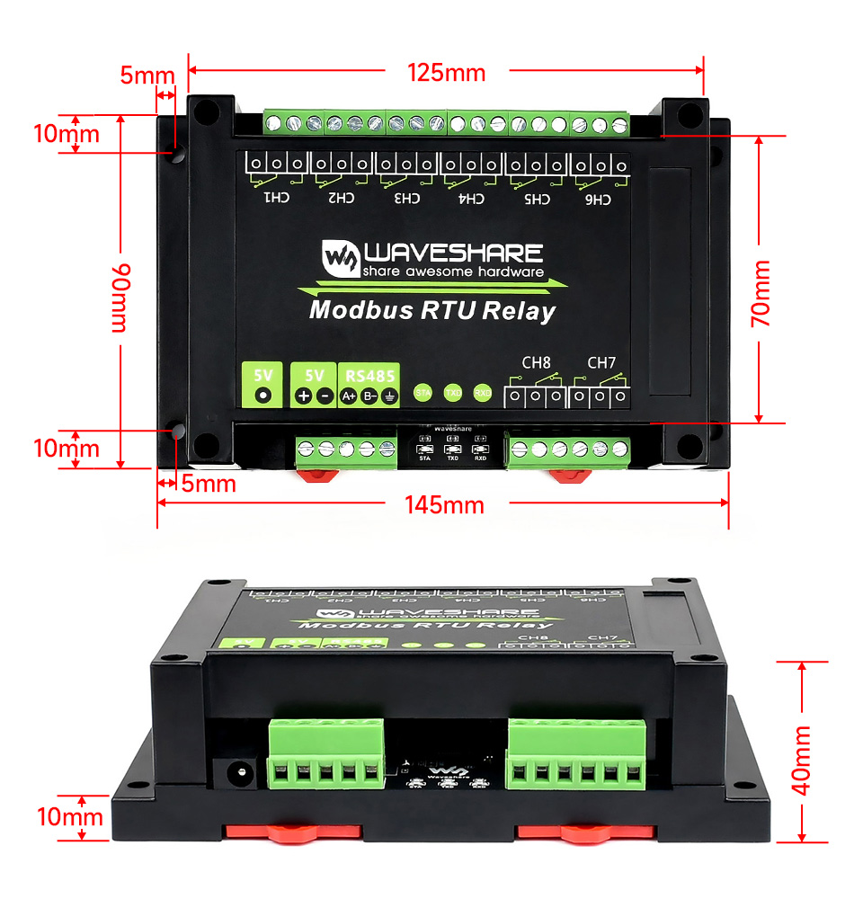 Waveshare Industrial Modbus RTU 8-ch Relay Module with RS485 Interface, Multi Isolation Protection Circuits, 5V Power Supply