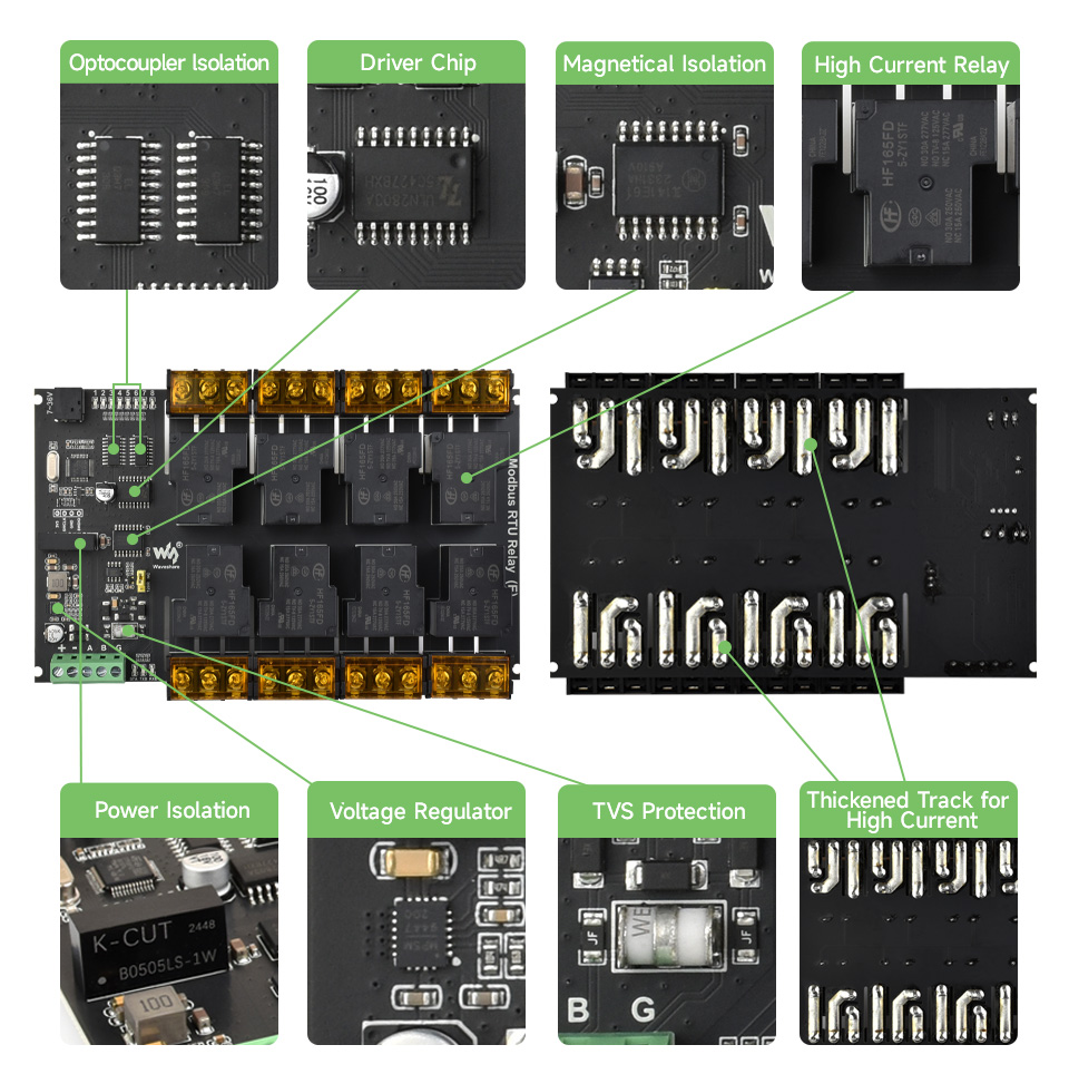Waveshare Industrial Modbus RTU 8-ch High Current Relay Module (E) with RS485 Interface, Multi Isolation Protection Circuits