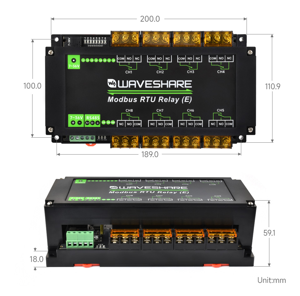 Waveshare Industrial Modbus RTU 8-ch High Current Relay Module (E) with RS485 Interface, Multi Isolation Protection Circuits