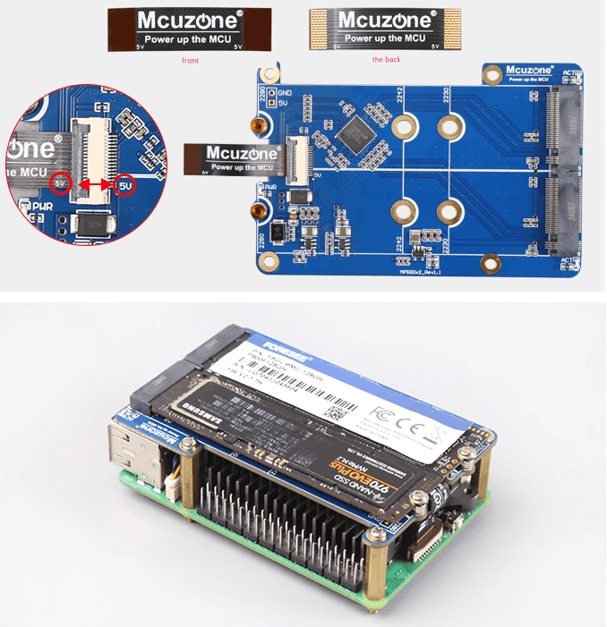 Combo Raspberry Pi 5 RAM 4/8GB sử dụng ổ cứng Dual SSD M.2 NVME PCie - Mcuzone Adapter