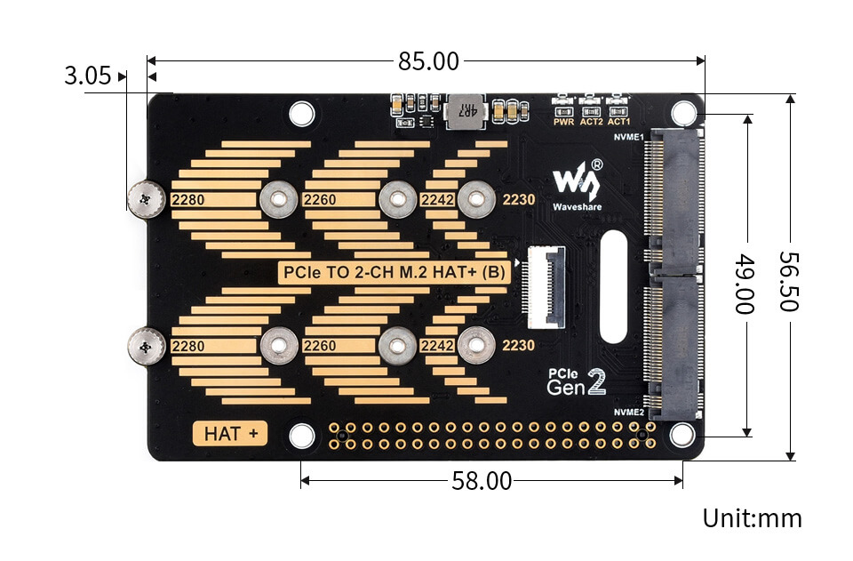 Mạch Waveshare PCIe To 2-CH M.2 HAT+ Adapter (B) for Raspberry Pi 5