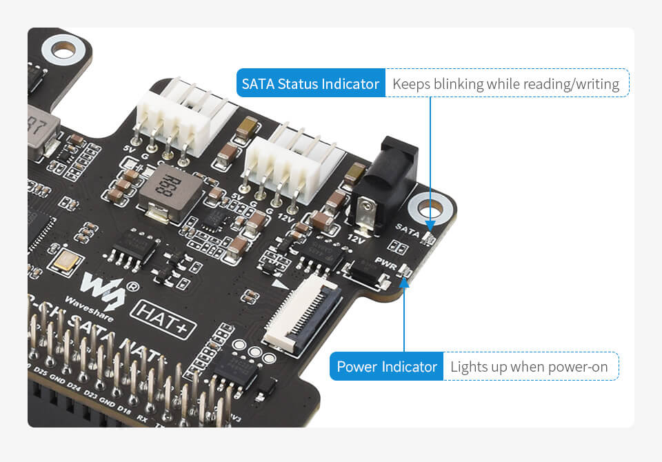 Mạch Waveshare PCIe To 2-Ch SATA HAT+ For Raspberry Pi 5