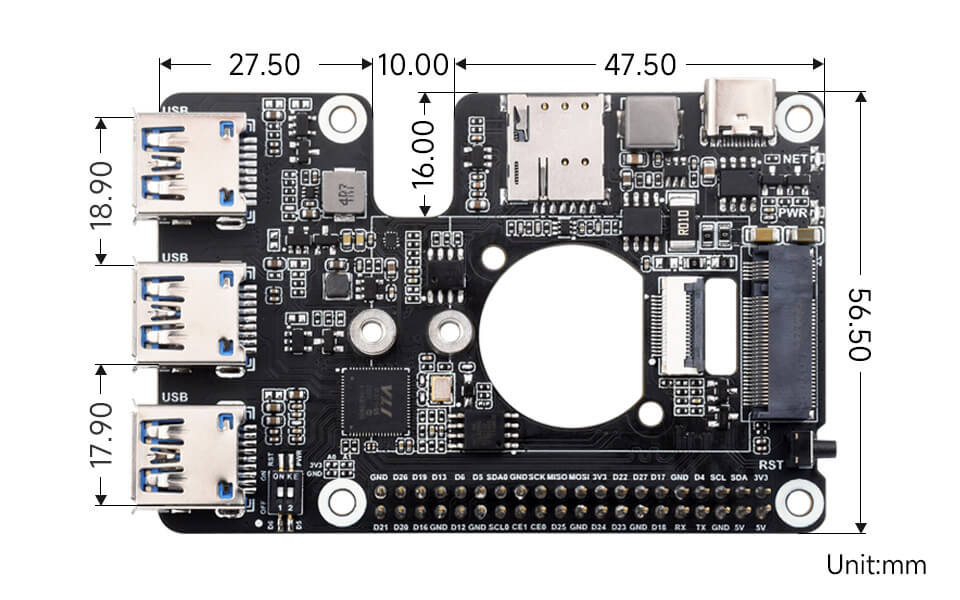 Mạch Waveshare PCIe TO 4G/5G M.2 USB3.2 HAT+ for Raspberry Pi 5
