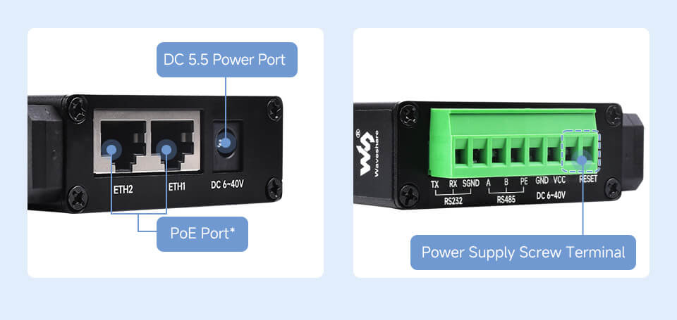 Waveshare RS232 RS485 To RJ45 PoE Ethernet (B), TCP/IP to Serial, RS232 And RS485 Dual Channels, Dual Ethernet Ports