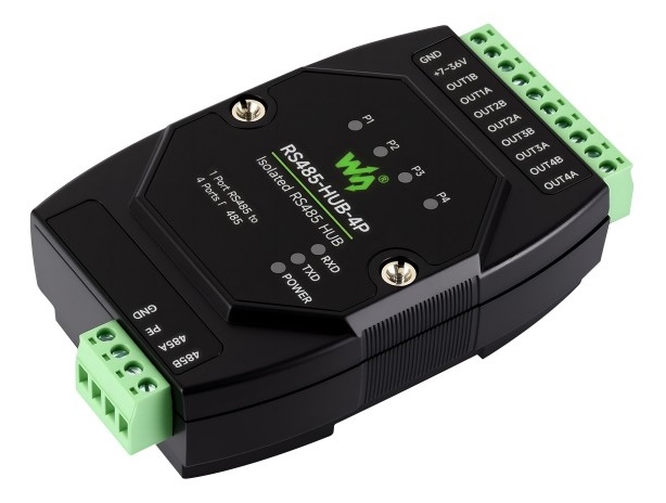 Waveshare Industrial-grade Isolated 4-Ch RS485 Hub, Expands 4-ch RS485 Sub Ports Via 1-ch RS485 Master Port