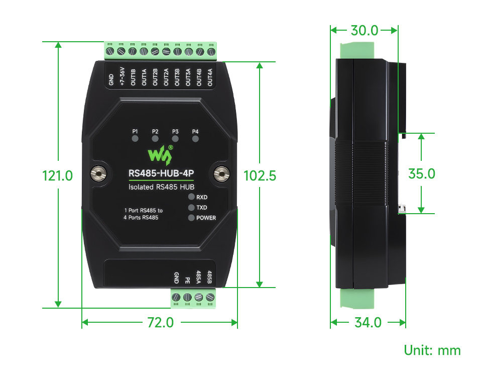 Waveshare Industrial-grade Isolated 4-Ch RS485 Hub, Expands 4-ch RS485 Sub Ports Via 1-ch RS485 Master Port