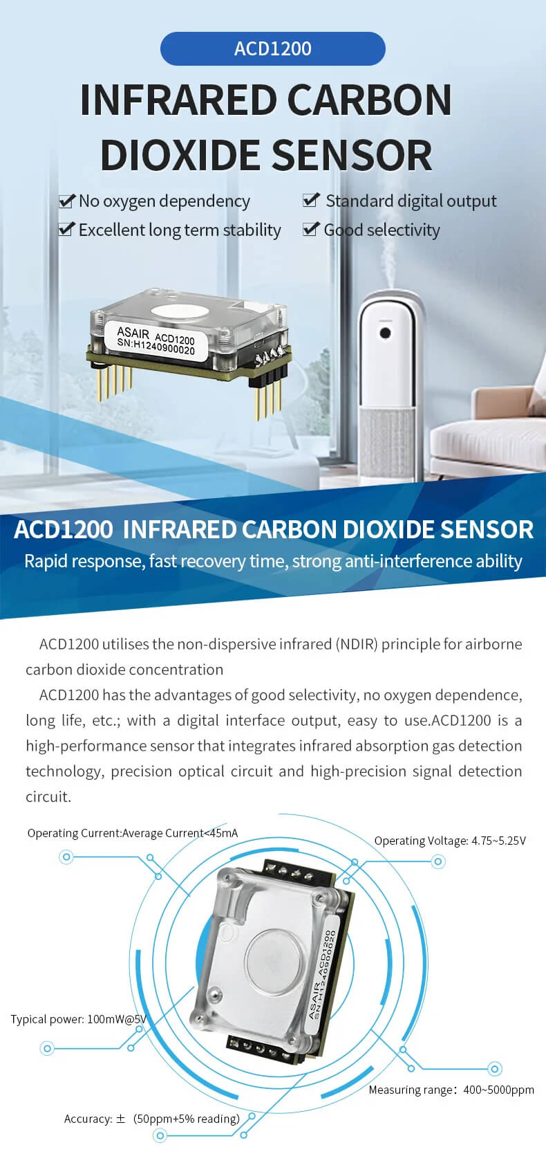 Cảm biến khí CO2 ACD1200 NDIR Carbon Dioxide Sensor chính hãng ASAIR