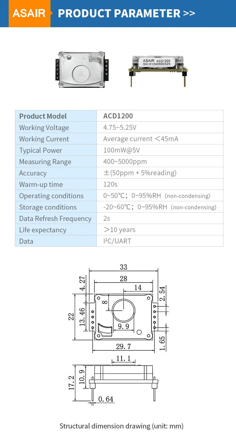 Cảm biến khí CO2 ACD1200 NDIR Carbon Dioxide Sensor chính hãng ASAIR
