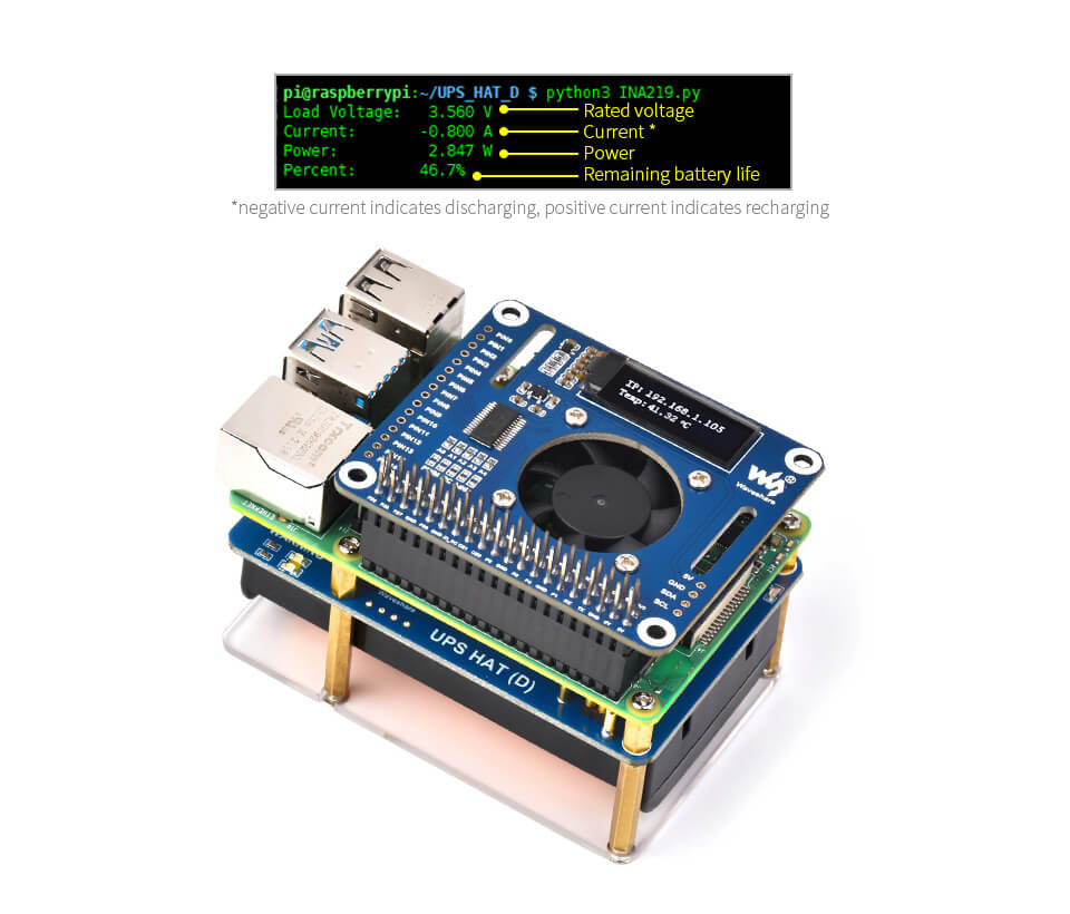 Waveshare UPS HAT (D) for Raspberry Pi, Supports 21700 Li battery, 5V Uninterruptible Power Supply, Pogo Pins Connector