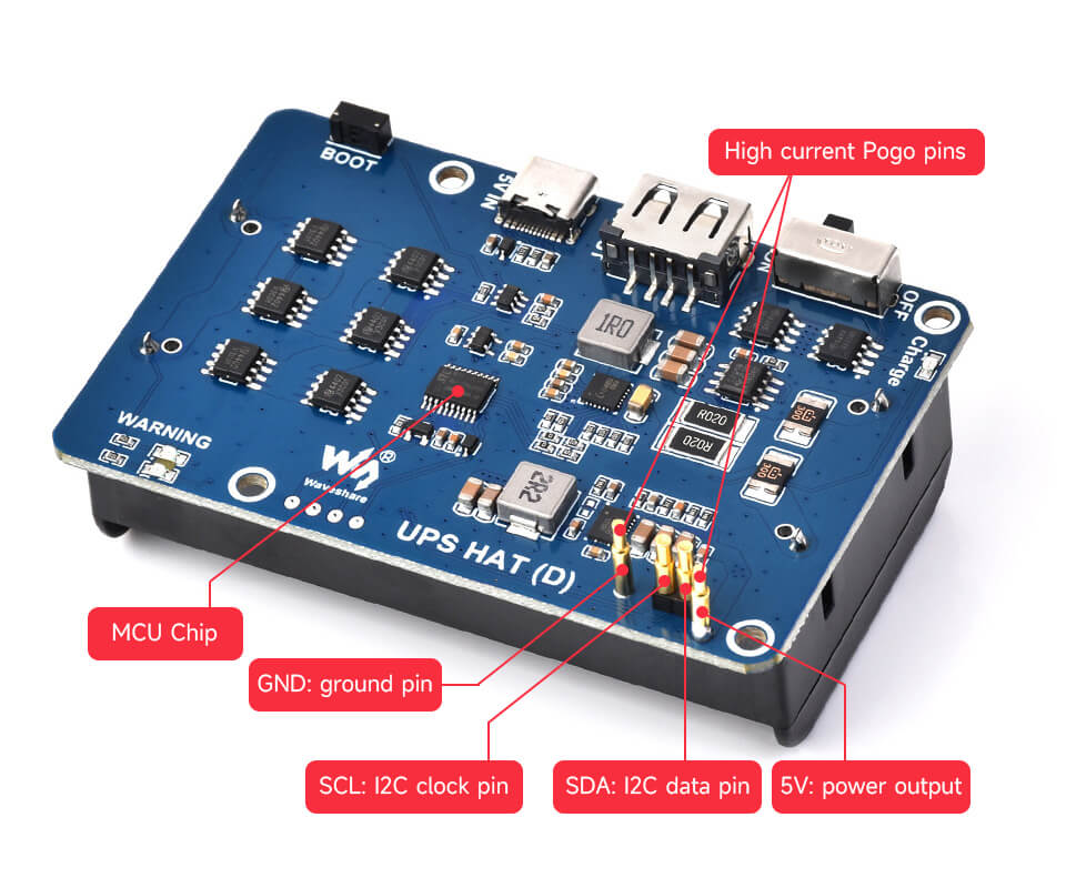 Waveshare UPS HAT (D) for Raspberry Pi, Supports 21700 Li battery, 5V Uninterruptible Power Supply, Pogo Pins Connector