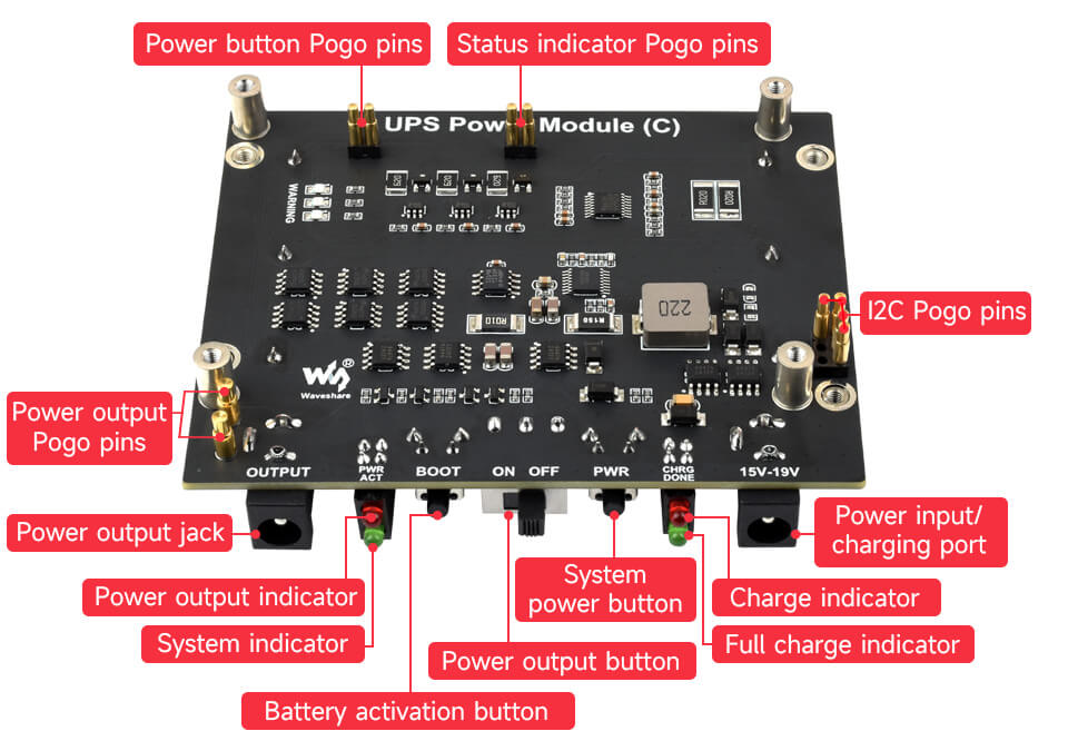 Waveshare Uninterruptible Power Supply UPS Module (C) For Jetson Orin, Supports 21700 Li battery, Pogo Pins Connector