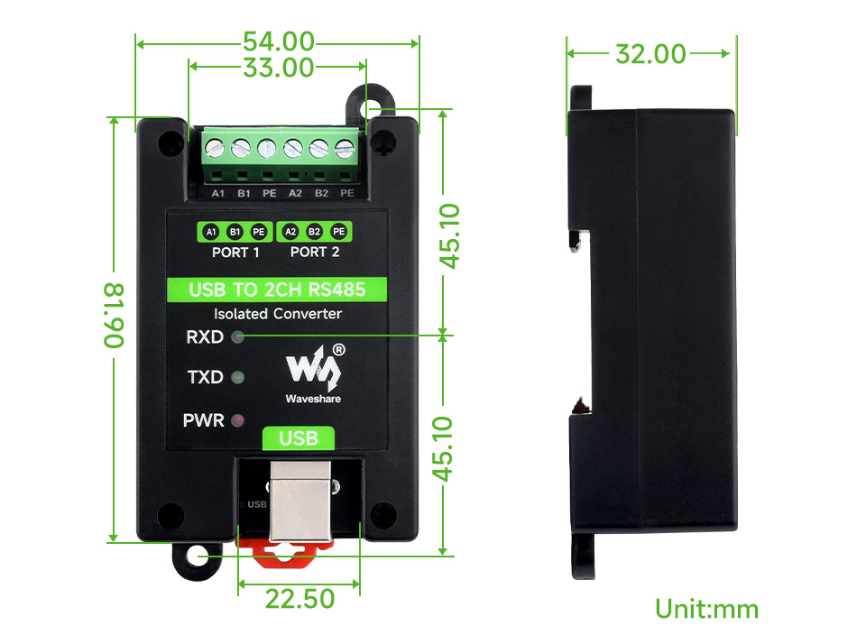 Waveshare USB TO 2CH RS485 Industrial Grade Isolated Converter, Onboard Original FT2232HL Chip
