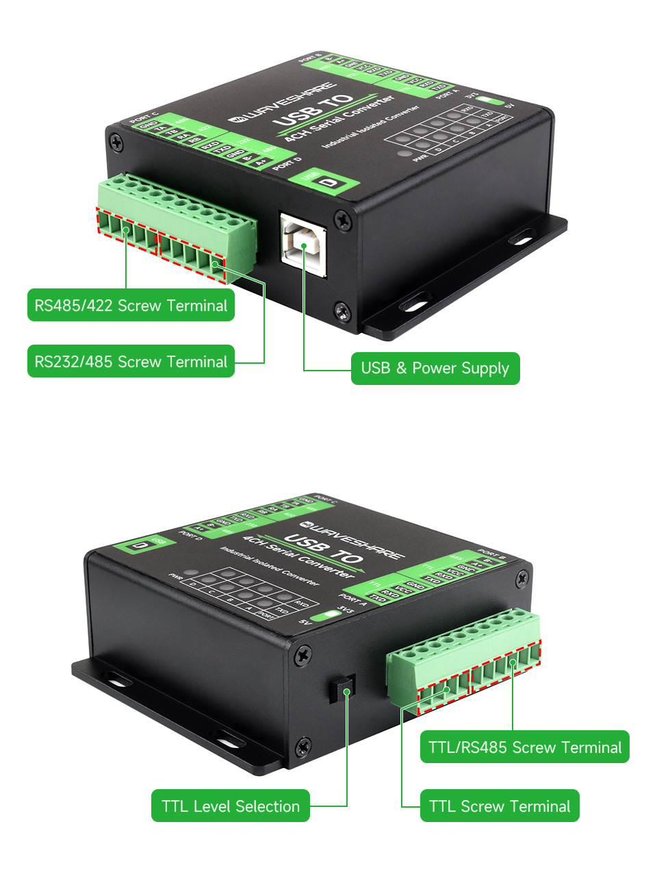 Waveshare Industrial USB To 4-Ch Serial Converter, Original FT4232HL Chip, Supports USB To RS232/485/422/TTL