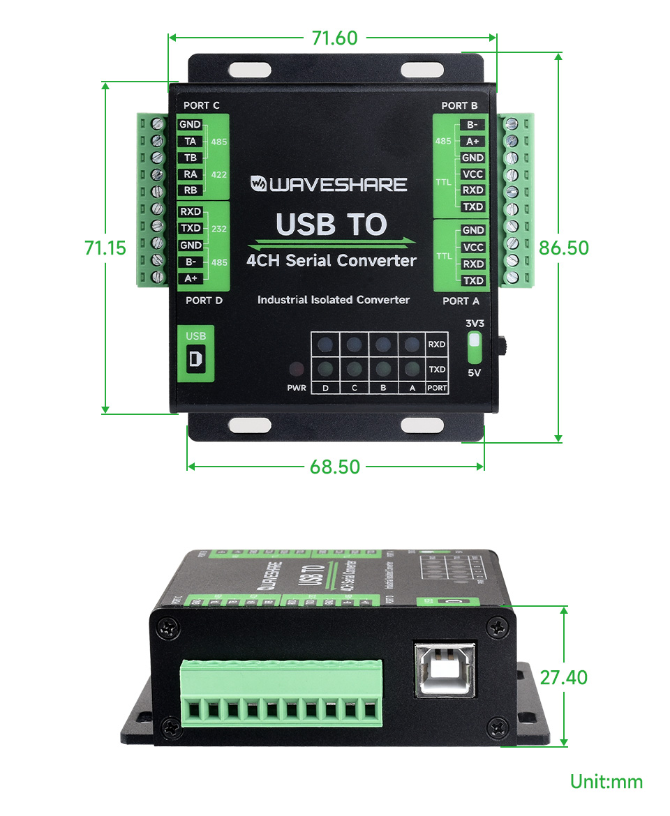 Waveshare Industrial USB To 4-Ch Serial Converter, Original FT4232HL Chip, Supports USB To RS232/485/422/TTL