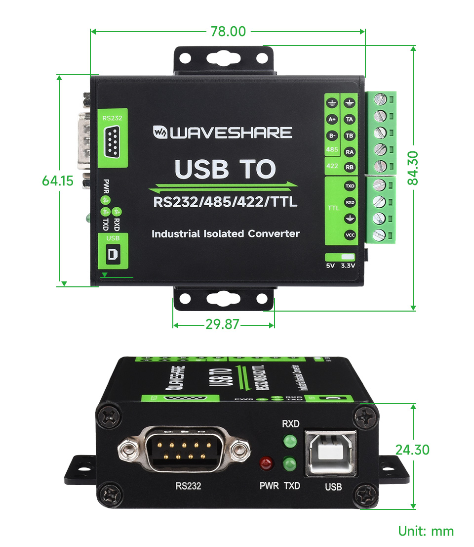 Waveshare FT232RNL USB TO RS232/485/422/TTL Interface Converter, Industrial Isolation