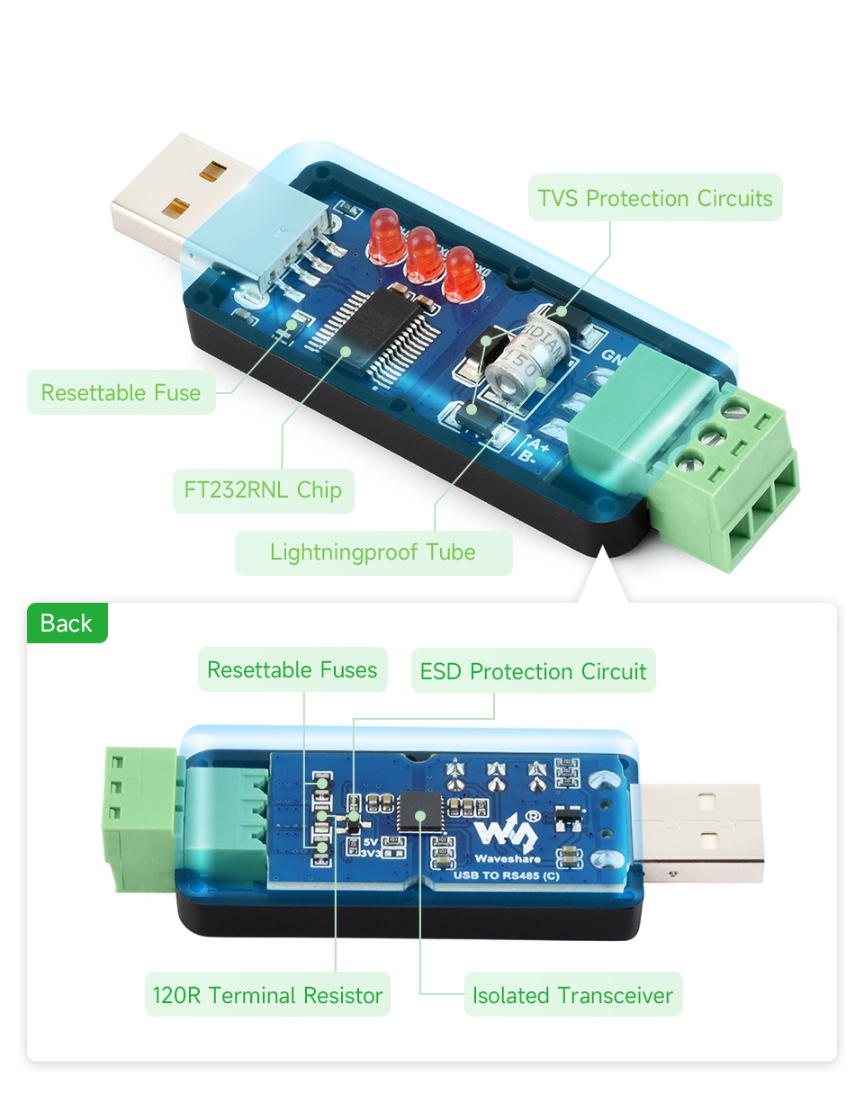 Thiết bị chuyển đổi tín hiệu Waveshare USB To RS485 (C) Industrial Grade Isolated Bidirectional Converter, FT232RNL Chip