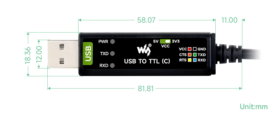 Waveshare Industrial USB TO TTL (C) 6pin Serial Cable, Original FT232RNL Chip