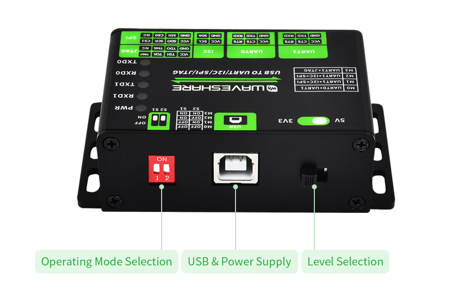 Waveshare USB To UART/I2C/SPI/JTAG Converter, Supports Multiple Interfaces, Compatible with 3.3V and 5V