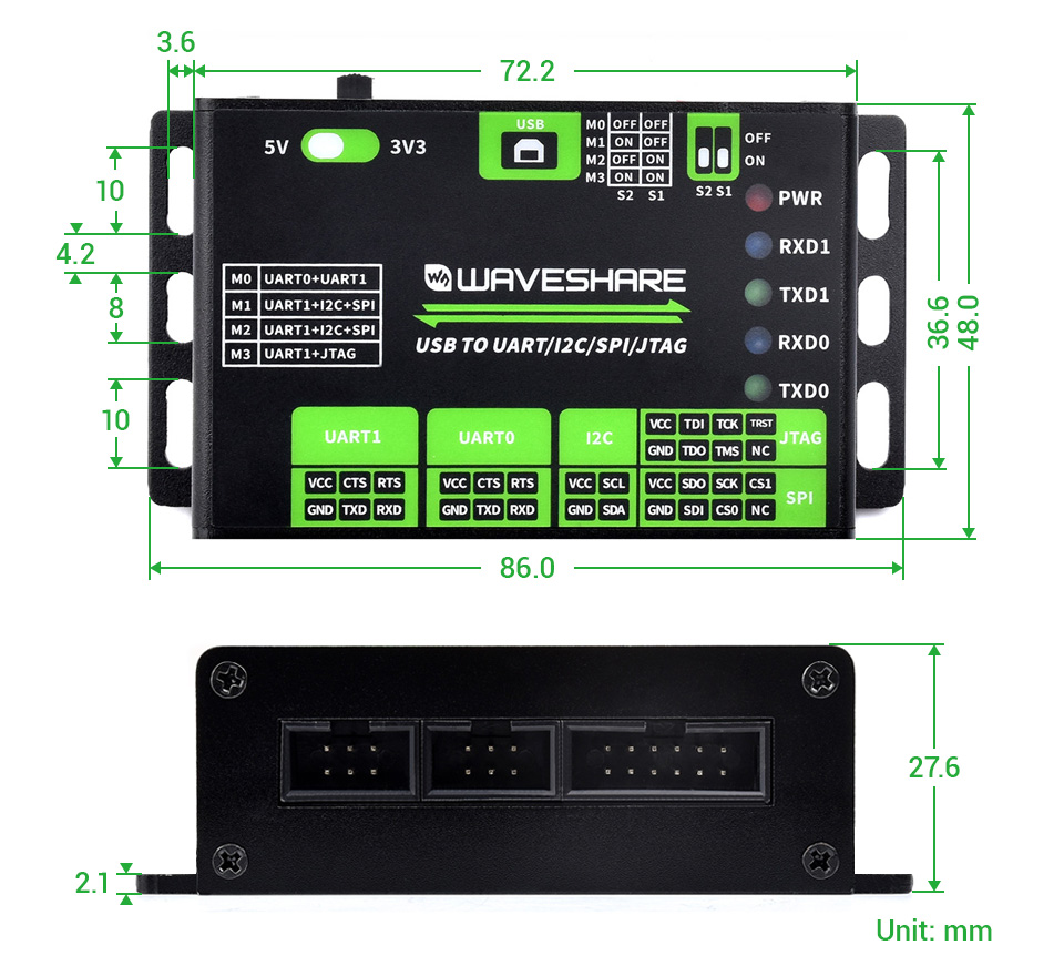 Waveshare USB To UART/I2C/SPI/JTAG Converter, Supports Multiple Interfaces, Compatible with 3.3V and 5V