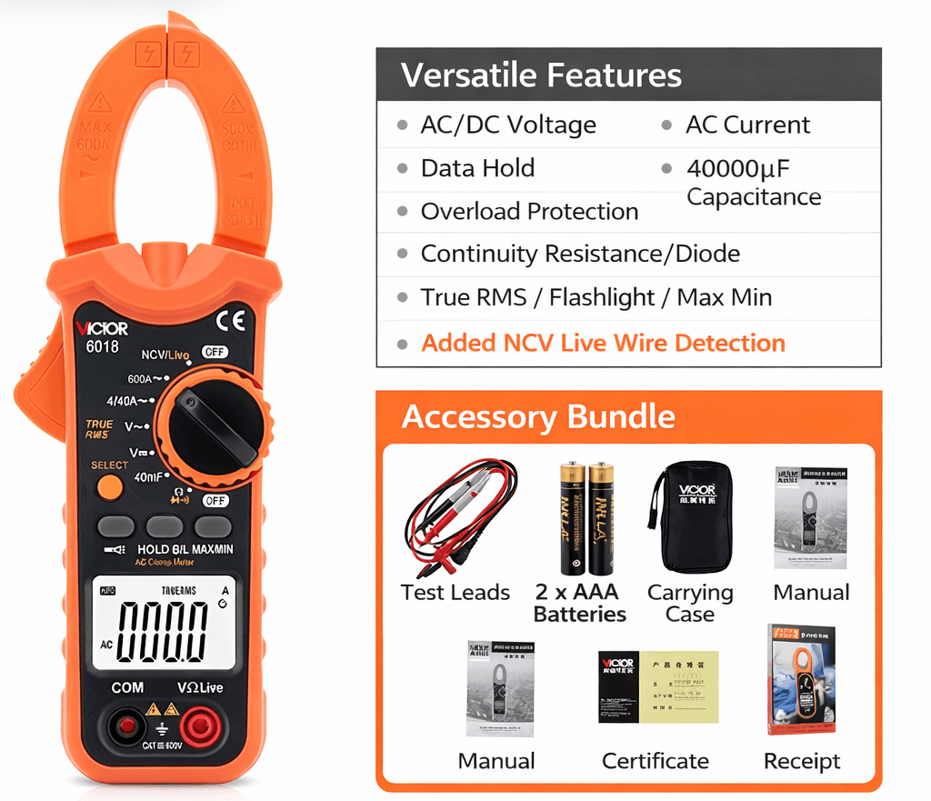 Đồng hồ đa năng Ampe Kìm VOM Digital Clamp Multimeter Victor VC6018