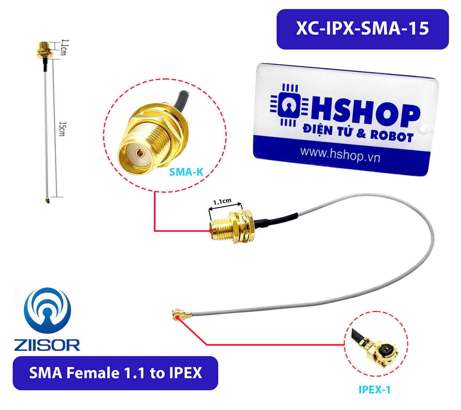 Đầu chuyển kết nối SMA-K (Female) 1.1 to IPEX Adapter 15cm XC-IPX-SMA-15 Ziisor