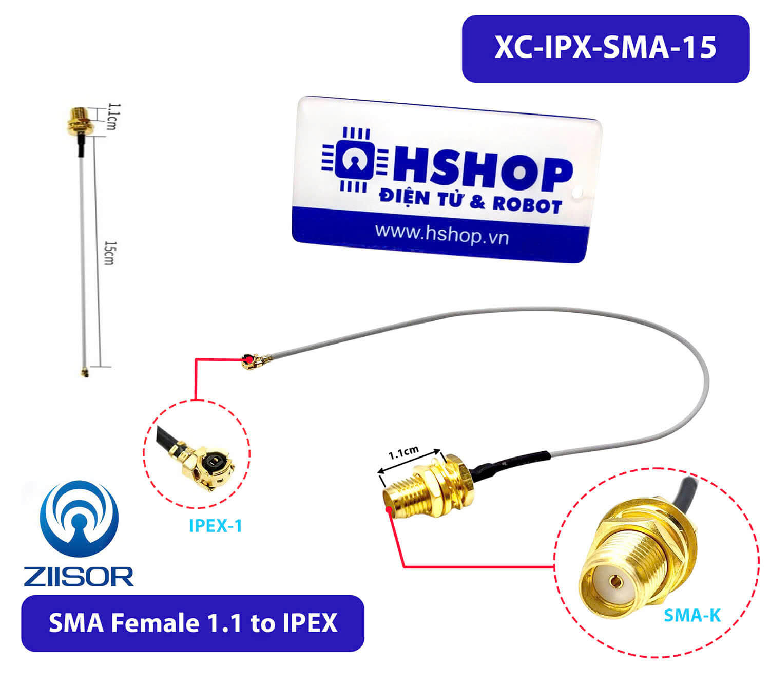 Đầu chuyển kết nối SMA-K (Female) 1.1 to IPEX Adapter 15cm XC-IPX-SMA-15 Ziisor