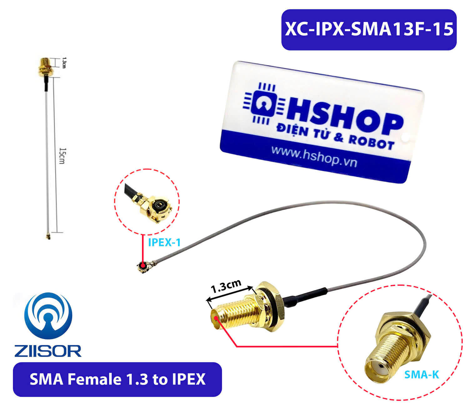 Đầu chuyển kết nối SMA-K (Female) 1.3 to IPEX Adapter 15cm XC-IPX-SMA13F-15 Ziisor
