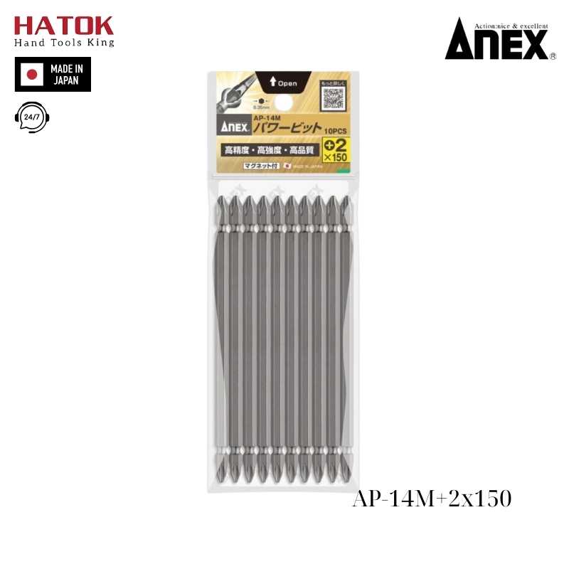 Vỉ 10 mũi vít 2 đầu có từ tính Anex AP-14M+2x150 Nhật Bản