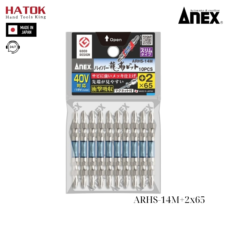 Vỉ 10 mũi vít 2 đầu có từ tính Anex ARHS-14M+2x65 Nhật Bản