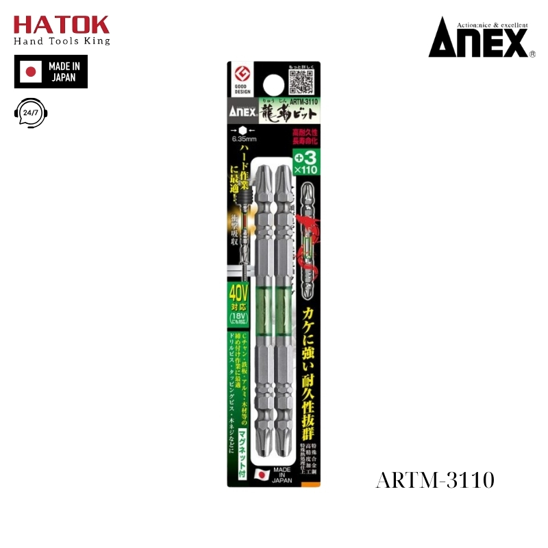 Vỉ 2 mũi vít 2 đầu có từ tính Anex ARTM-3110 Nhật Bản