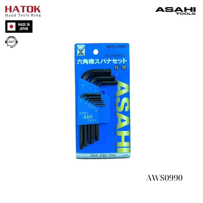 Bộ lục giác thường ngắn 1.5-10mm Asahi AWS0990 Nhật Bản
