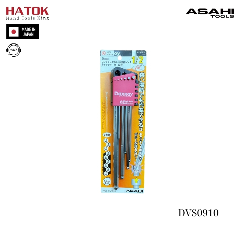 Bộ lục giác bi đầu ngắn loại dài 1.5-10mm Asahi DVS0910 Nhật Bản