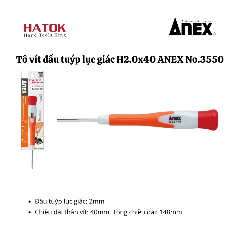 Tô Vít Đầu Tuýp Lục Giác H2.0x40 ANEX No.3550 Nhật Bản