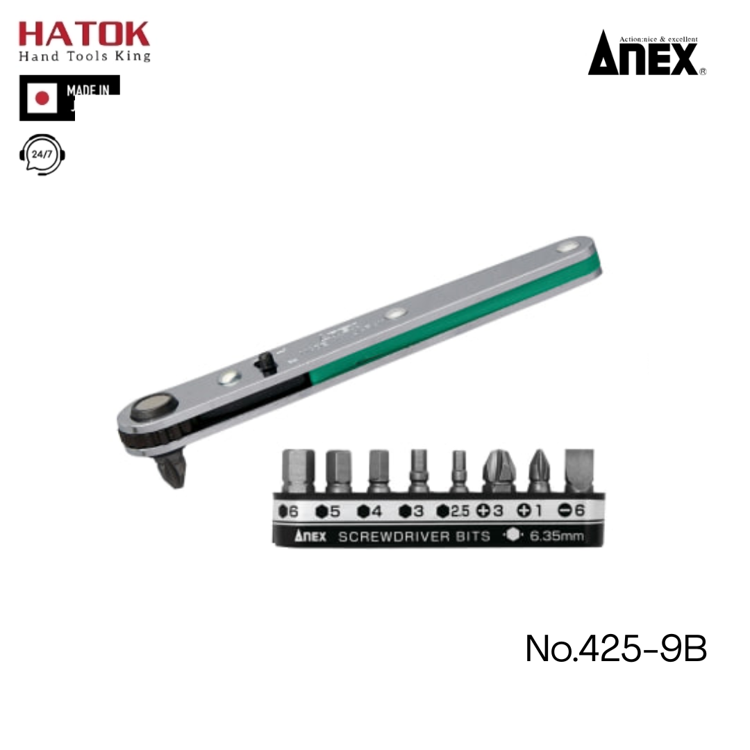 Bộ tay vặn và mũi vít góc hẹp No.425-9B Anex Nhật Bản