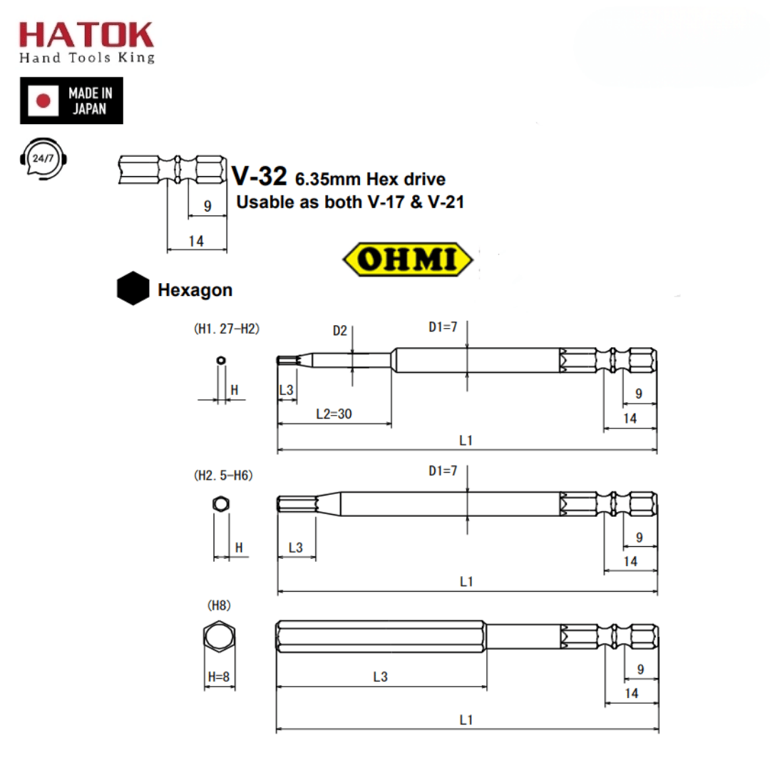 Đầu vặn ốc lục giác OHMI V-32X H3x7x70 Nhật Bản
