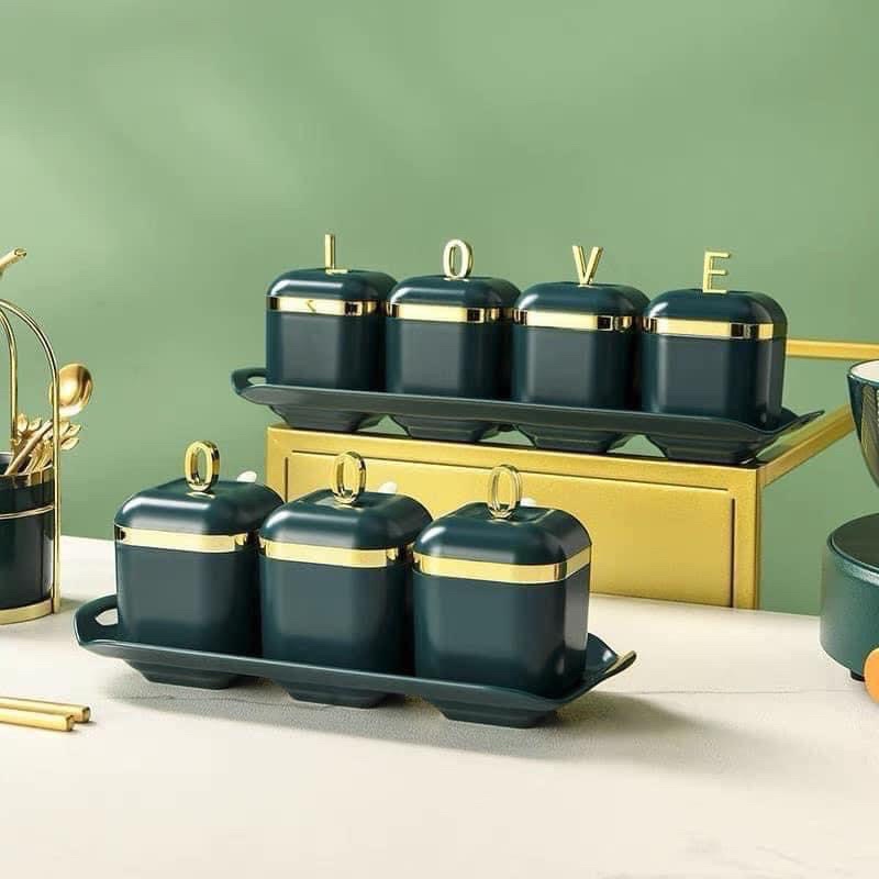 Bộ 4 Hũ Đựng Gia Vị Nhựa Cao Cấp Kèm Khay Và Thìa