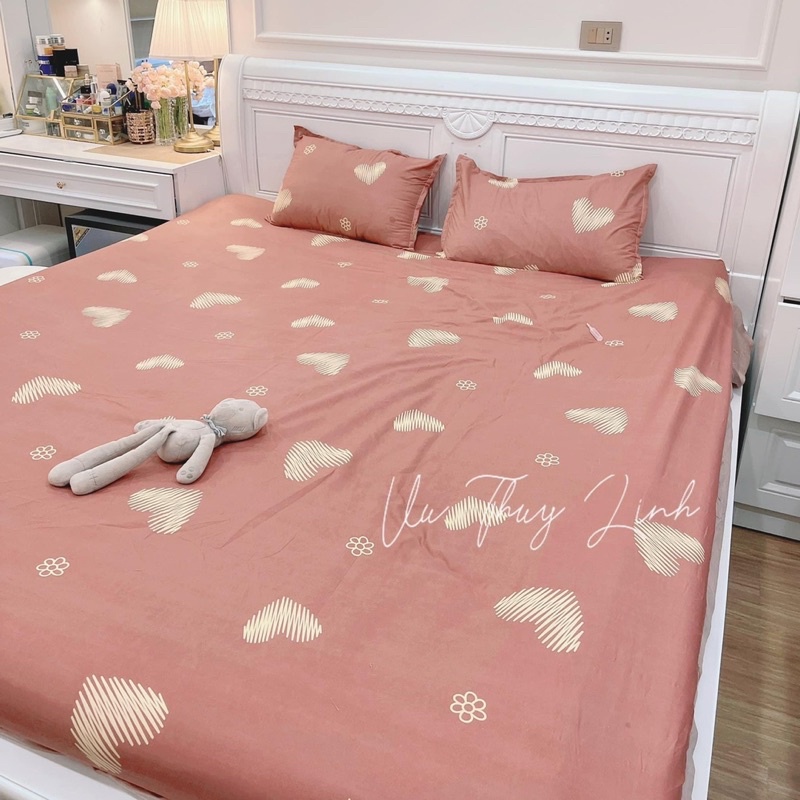 Bộ ga giường cotton poly trái tim màu hồng