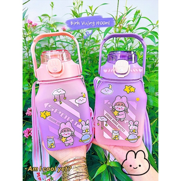 Bình nước 1300ML Kèm Miếng Dán dễ Thương, Ống Hút