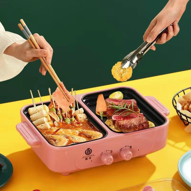 Bếp Lẩu Nướng Mini 2 Ngăn SHABAN Cao Cấp 2 In 1 Siêu Chống Dính, Đa Năng, Tiện Lợi