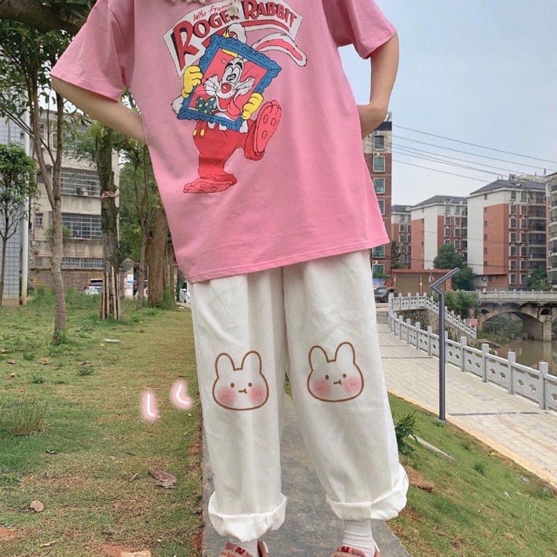 Quần ống rộng baggy ullzang, hoạ tiết dễ thương phong cách Nhật Bản