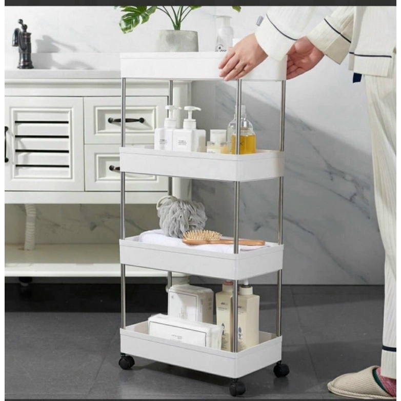 Kệ đựng đồ đa năng 4 tầng có bánh xe đẩy chuyên dụng cho spa, phòng tắm, bếp chất liệu inox cao cấp