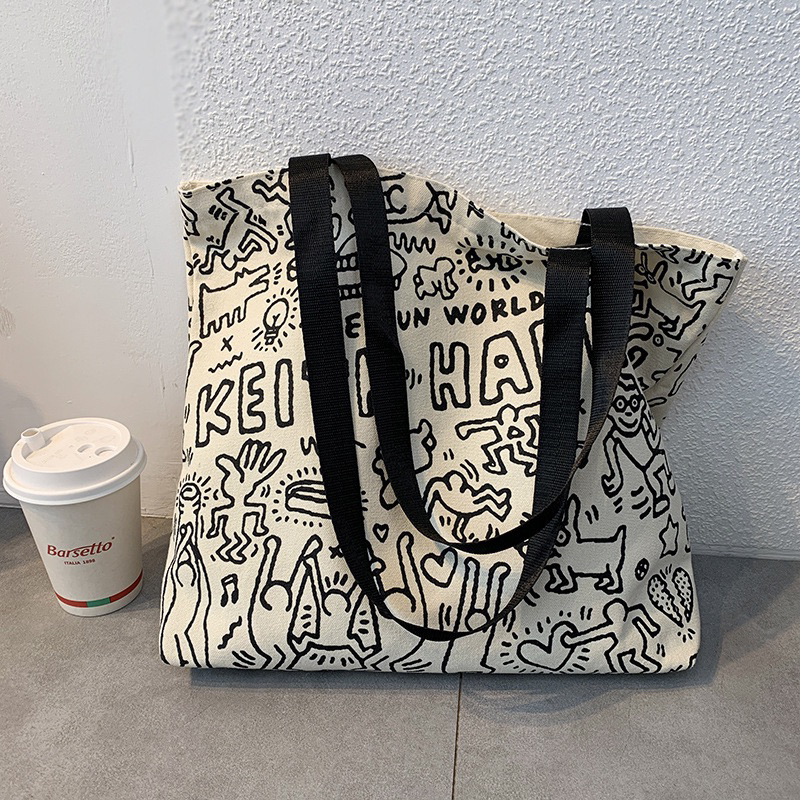 Túi Tote Size Lớn Đi Học, Đi Chơi Soci Store Mẫu Keith Haring Độc Đáo Có Khóa và Ngăn Kéo Phụ