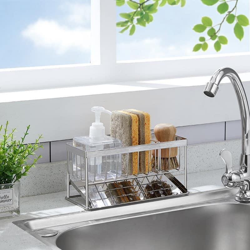 Khay Đựng Đồ Rữa Chén 2 Tầng Có Khay Hứng Kệ Đựng Xà Bông Có Khe Thoát Nước