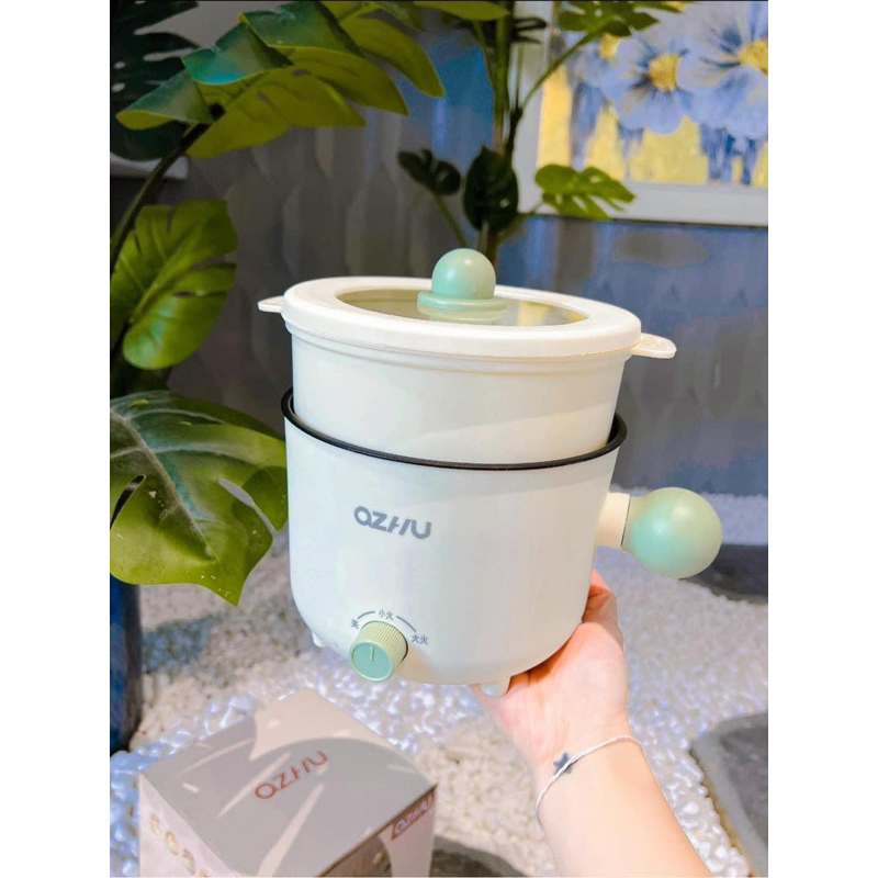 Nồi Lẩu Điện Mini Ozhu Có Tặng Kèm Lồng Hấp Cao Cấp Dùng Đễ Nấu Mì, Ăn Lẩu, Kho Chiên Xào Nấu Hâm Thức Ăn