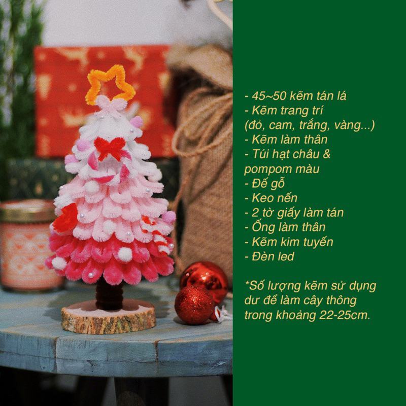 [Full phụ kiện ] Set Nguyên Liệu Làm Cây Thông Noel Bằng Kẽm Nhung Tặng Kèm Đèn Led