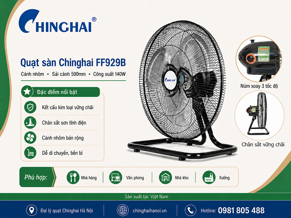 Quạt sàn chinghai HS-929B cánh nhôm, sải cánh 500mm, công suất 140w