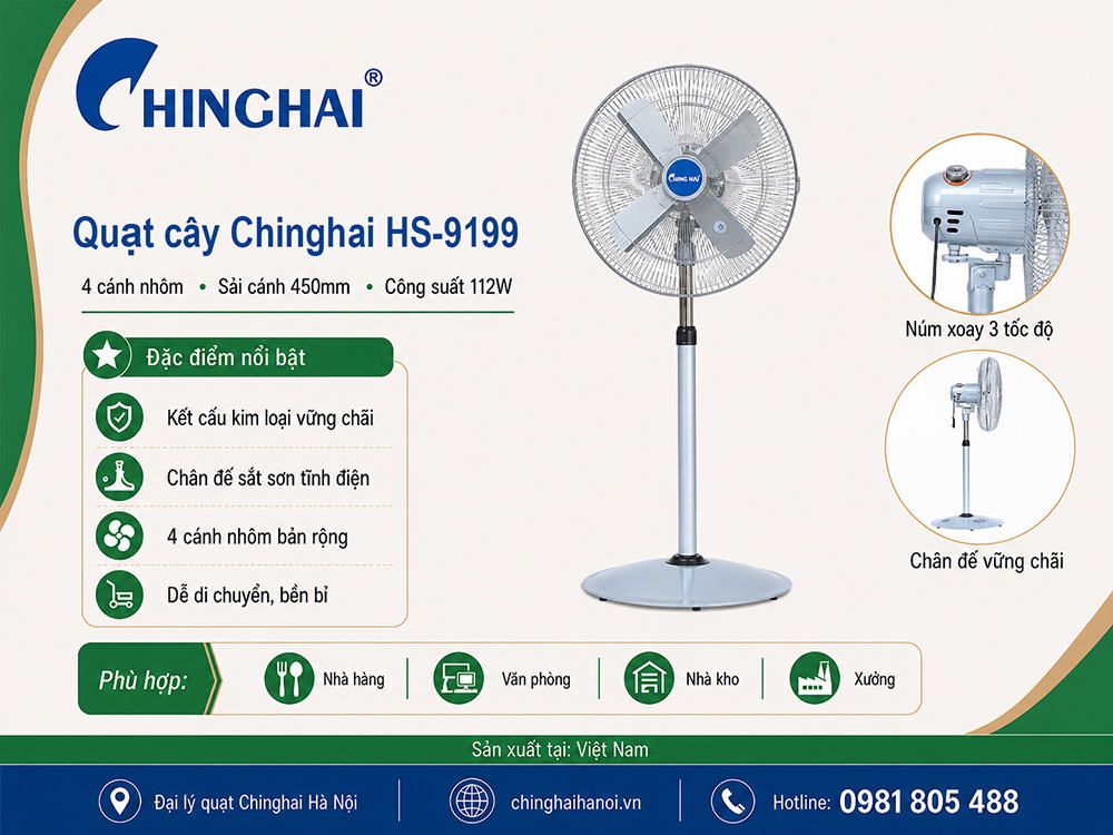 Quạt cây Chinghai HS-9199 sải cánh 45cm, công suất 112W