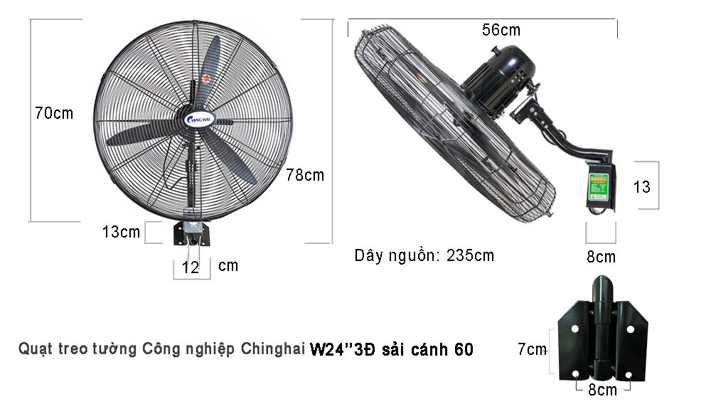 Quạt treo tường Công nghiệp Chinghai W24-3Đ, Sải cánh 60cm