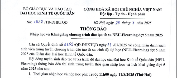 THÔNG BÁO: Nhập học và Khai giảng chương trình đào tạo từ xa NEU-Elearning đợt 5 năm 2025